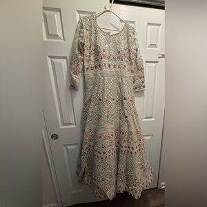 Indian Wedding Lehenga Embroidered Dress in Cream and Pink/Sage Green